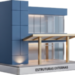 Maquete 3D representando estruturas externas, fachadas e totens em ACM