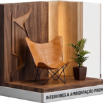 Maquete 3D de um ambiente corporativo premium com painel amadeirado decorativo, cadeira de couro e paisagismo, representando projetos de recepções e sinalização interna de alto padrão.