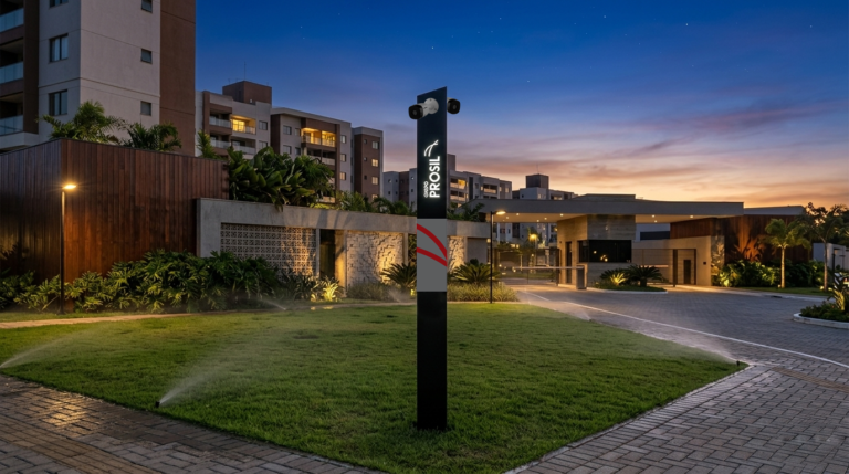 Totem de monitoramento de segurança trapezoidal, fabricado em estrutura de ferro e revestimento em ACM Preto. Possui logótipo e grafismos laterais em acrílico iluminado por LED, posicionado na entrada paisagística de um condomínio ao anoitecer.